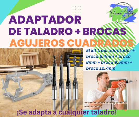 Adaptador de taladro + 4 brocas de agujero cuadrado