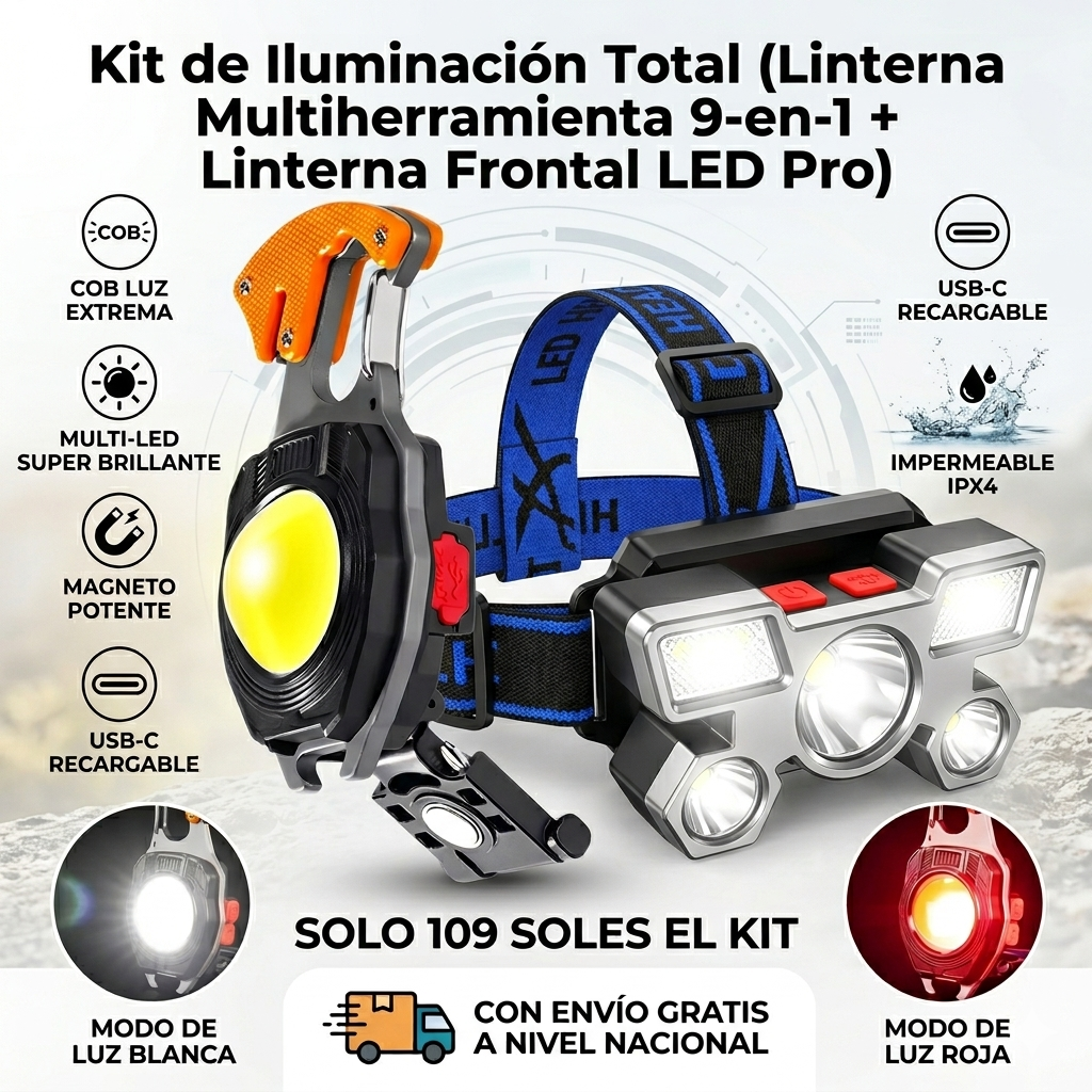 Kit de Iluminación Total (Linterna Multiherramienta 9-en-1 + Linterna Frontal LED Pro